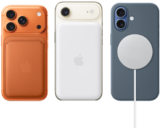 Pokazany od tyłu iPhone 17 Pro w kolorze kosmicznego pomarańczu, w silikonowym etui w kolorze sieny z portfelem z tkaniny FineWoven z MagSafe w kolorze lisim pomarańczowym; pokazany od tyłu iPhone Air w kolorze białego obłoku z przyczepionym akumulatorem MagSafe; pokazany od tyłu iPhone 17 w kolorze gołębim, w silikonowym etui w kolorze marynarskiego granatu z ładowarką MagSafe
