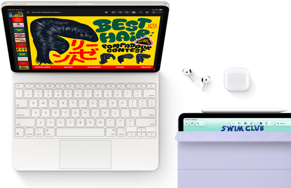 iPad Air, kolor księżycowej poświaty, kolorowa grafika na ekranie, podłączony do klawiatury Magic Keyboard, słuchawek AirPods Pro i Apple Pencil Pro