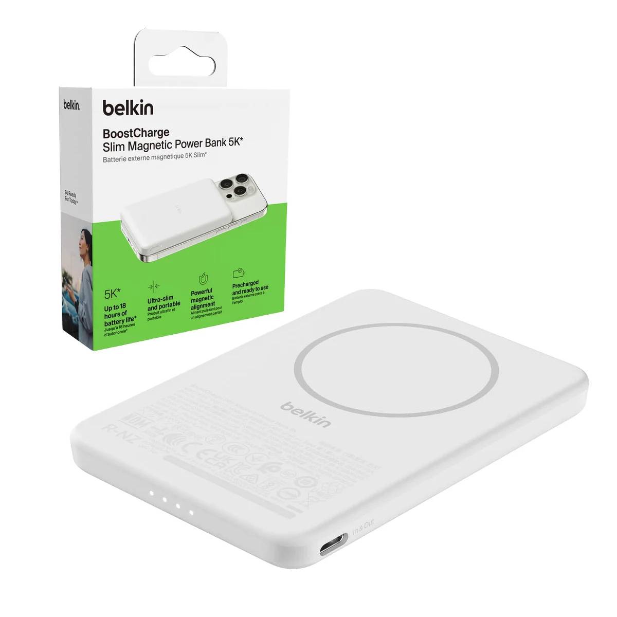 Belkin Powerbank magnetyczny 5000 mAh, USB-C 15 W, cienki, biały