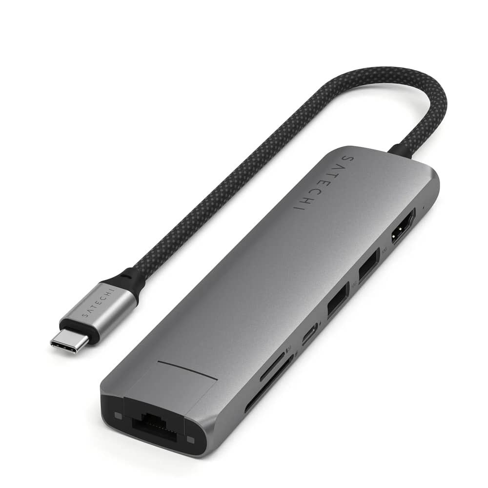 Satechi 7-in-1 USB-C Slim Multiport Adapter with Ethernet - adapter do urządzeń mobilnych (USB-C PD, 2x USB-A, HDMI 4K, Ethernet, czytnik kart micro/SD) (space gray)