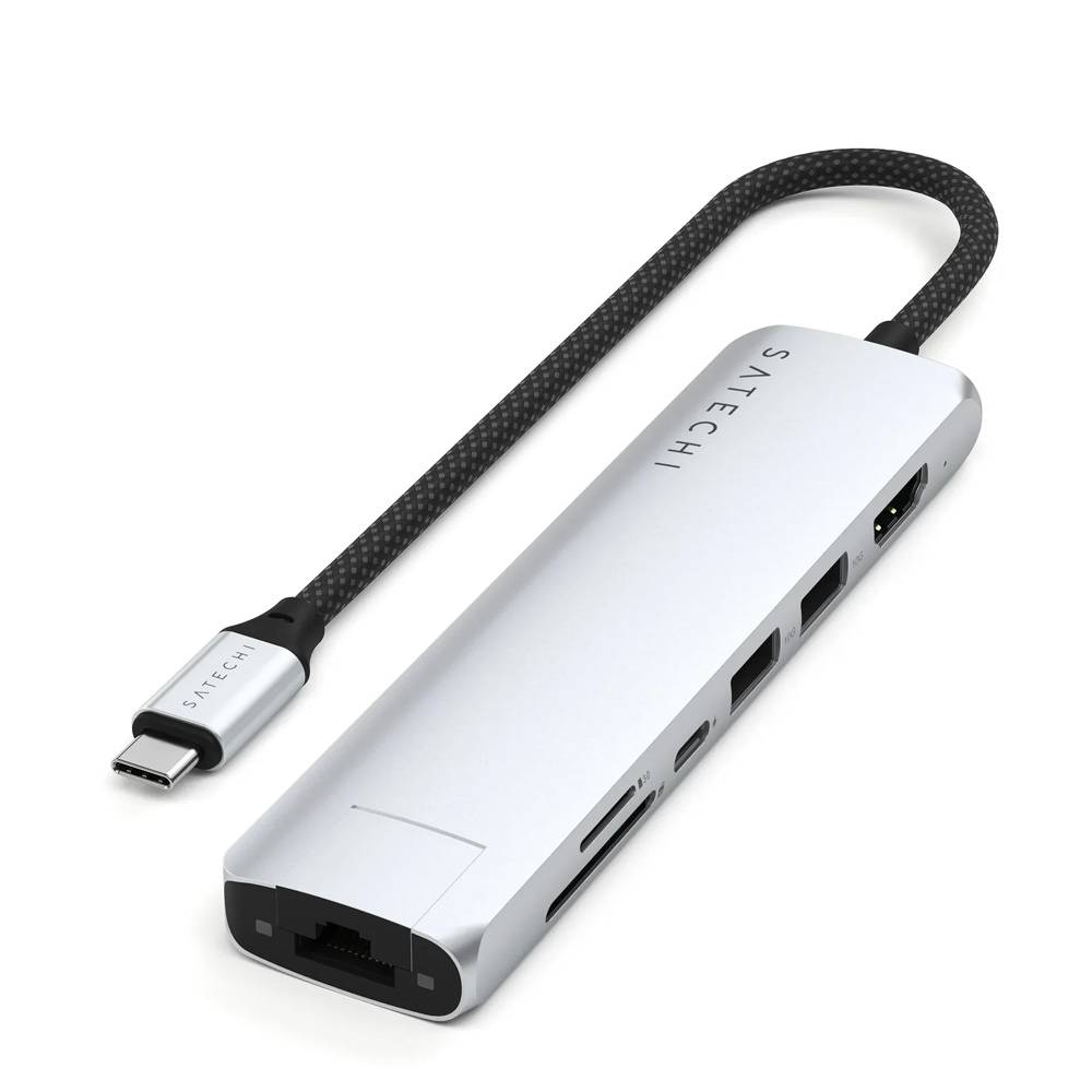 Satechi 7-in-1 USB-C Slim Multiport Adapter with Ethernet - adapter do urządzeń mobilnych (USB-C PD, 2x USB-A, HDMI 4K, Ethernet, czytnik kart micro/SD) (silver)