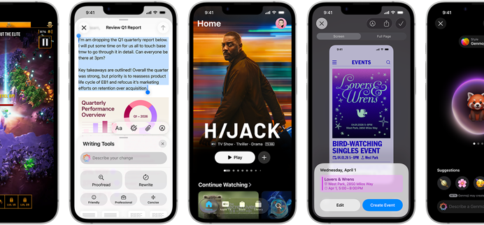 Urządzenia iPhone 17e obok siebie z różnymi ekranami, a na nich: rozgrywana gra, Narzędzia pisania, aplikacja Apple TV, wydarzenie w kalendarzu w trakcie tworzenia, tworzenie Genmoji