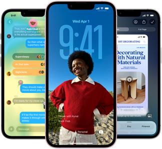 TTrzy urządzenia iPhone 17e, na ekranach pokazane: apka Wiadomości z efektem Liquid Glass, dynamiczny ekran blokady i funkcja Inteligencja wizualna w użyciu