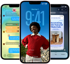Trzy urządzenia iPhone 17e, na ekranach pokazane: apka Wiadomości z efektem Liquid Glass, dynamiczny ekran blokady i funkcja Inteligencja wizualna w użyciu