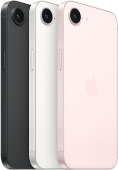 iPhone 17e, bok i tył obudowy, kolor czarny, bok i tył obudowy, kolor biały, bok i tył obudowy, kolor jasnoróżowy, aparat Fusion w górnej części urządzenia, przycisk boczny