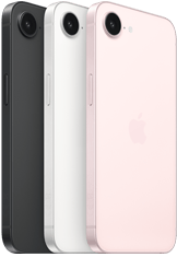 iPhone 17e, bok i tył obudowy, kolor czarny, bok i tył obudowy, kolor biały, bok i tył obudowy, kolor jasnoróżowy, aparat Fusion w górnej części urządzenia, przycisk boczny