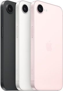 iPhone 17e, bok i tył obudowy, kolor czarny, bok i tył obudowy, kolor biały, bok i tył obudowy, kolor jasnoróżowy, aparat Fusion w górnej części urządzenia, przycisk boczny