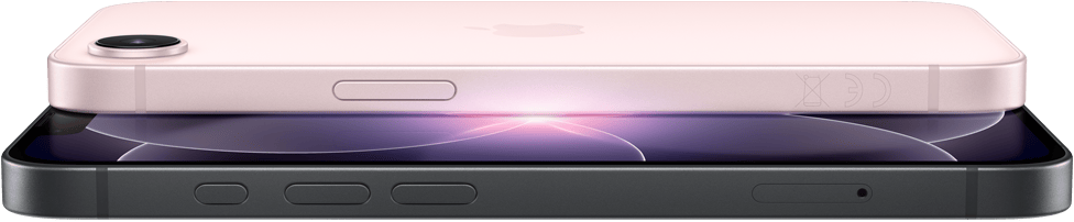 iPhone 17e w pozycji poziomej, bok i tył obudowy, kolor jasnoróżowy. iPhone 17e w pozycji poziomej, bok i tył obudowy, kolor czarny