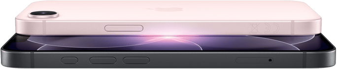 iPhone 17e w pozycji poziomej, bok i tył obudowy, kolor jasnoróżowy. iPhone 17e w pozycji poziomej, bok i tył obudowy, kolor czarny