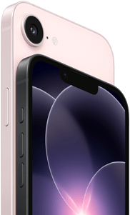 iPhone 17e w pozycji poziomej, bok i tył obudowy, kolor jasnoróżowy. iPhone 17e w pozycji poziomej, bok i tył obudowy, kolor czarny