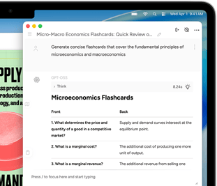 Ekran MacBooka Air przedstawiający Narzędzia pisania Apple Intelligence tworzące fiszki dotyczące mikroekonomii i makroekonomii