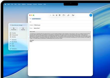 Ekran MacBooka Air przedstawiający Narzędzia pisania Apple Intelligence podczas pisania mejla
