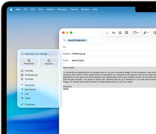 Ekran MacBooka Air przedstawiający Narzędzia pisania Apple Intelligence podczas pisania mejla