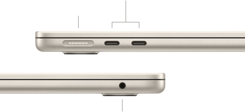 Zamknięty MacBook Air, pokazany z lewego boku, gdzie widać port MagSafe i dwa porty Thunderbolt, oraz z prawego, gdzie widać gniazdo słuchawkowe