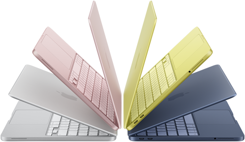 Laptopy MacBook Neo w kolorach srebrnym, subtelnego różu, cytrusowożółtym i indygo, lekko otwarte i ułożone w łuk