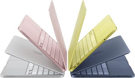 L}Laptopy MacBook Neo w kolorach srebrnym, subtelnego różu, cytrusowożółtym i indygo, lekko otwarte i ułożone w łuk