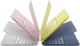 L}Laptopy MacBook Neo w kolorach srebrnym, subtelnego różu, cytrusowożółtym i indygo, lekko otwarte i ułożone w łuk