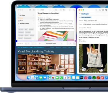 MacBook Neo w kolorze indygo, na ekranie widać wiadomość e-mail z powitalnym pozdrowieniem dla nowej pracowniczki księgarni, inne okna zawierają dokument z Notatek o wdrożeniu i stronę internetową portalu dla pracowników księgarni w Safari