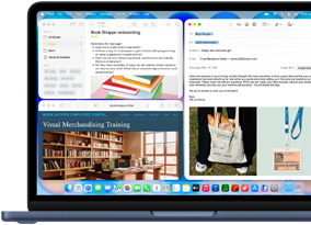 MacBook Neo w kolorze indygo, na ekranie widać wiadomość e-mail z powitalnym pozdrowieniem dla nowej pracowniczki księgarni, inne okna zawierają dokument z Notatek o wdrożeniu i stronę internetową portalu dla pracowników księgarni w Safari