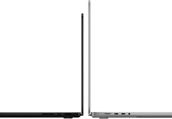 14- i 16-calowy MacBook Pro ustawione tyłem do siebie, ukazują różnicę w rozmiarze i wyjątkowo smukły profil