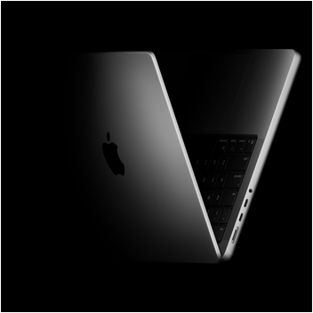 MacBook Pro ułożony w kształt rzymskiej cyfry „V” nawiązującej do rodziny czipów M5
