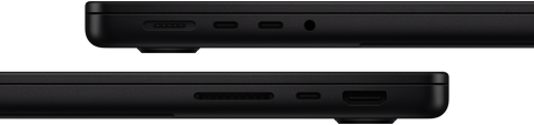 Prezentacja portów w MacBooku Pro. Z lewej strony: MagSafe 3, dwa porty Thunderbolt i gniazdo słuchawkowe. Z prawej strony: gniazdo na kartę SDXC, jeden port Thunderbolt i port HDMI
