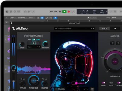 Ekran z apką MicDrop wykorzystującą funkcje AI do edycji wokalu na MacBooku Pro